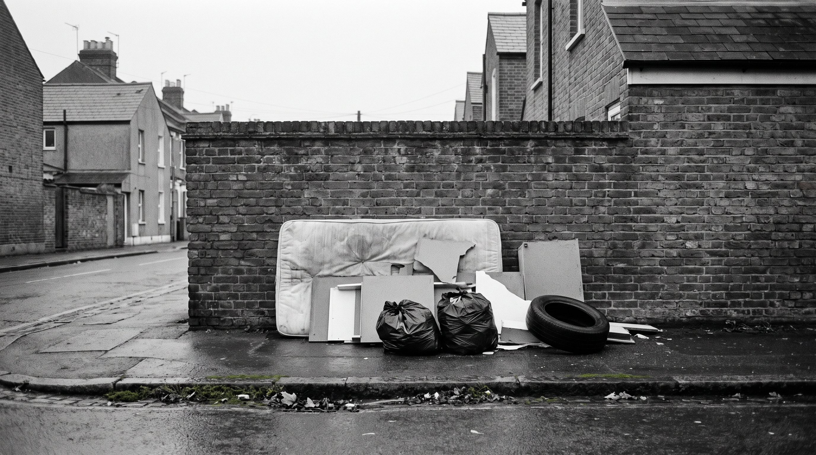 A mattress, board, bin bags and a tyre dumped against a brick wall, with the pile and the tyre marked as detections.