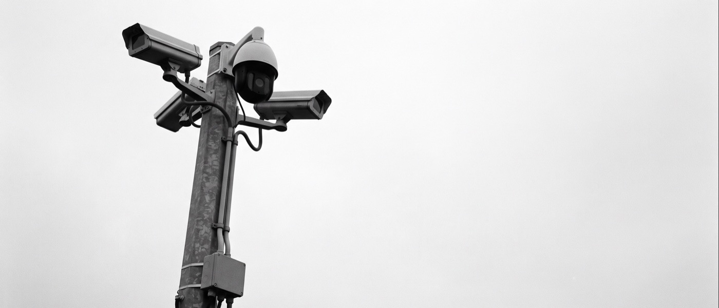Cluster of CCTV cameras on a galvanised steel column photographed from below against a flat grey sky
