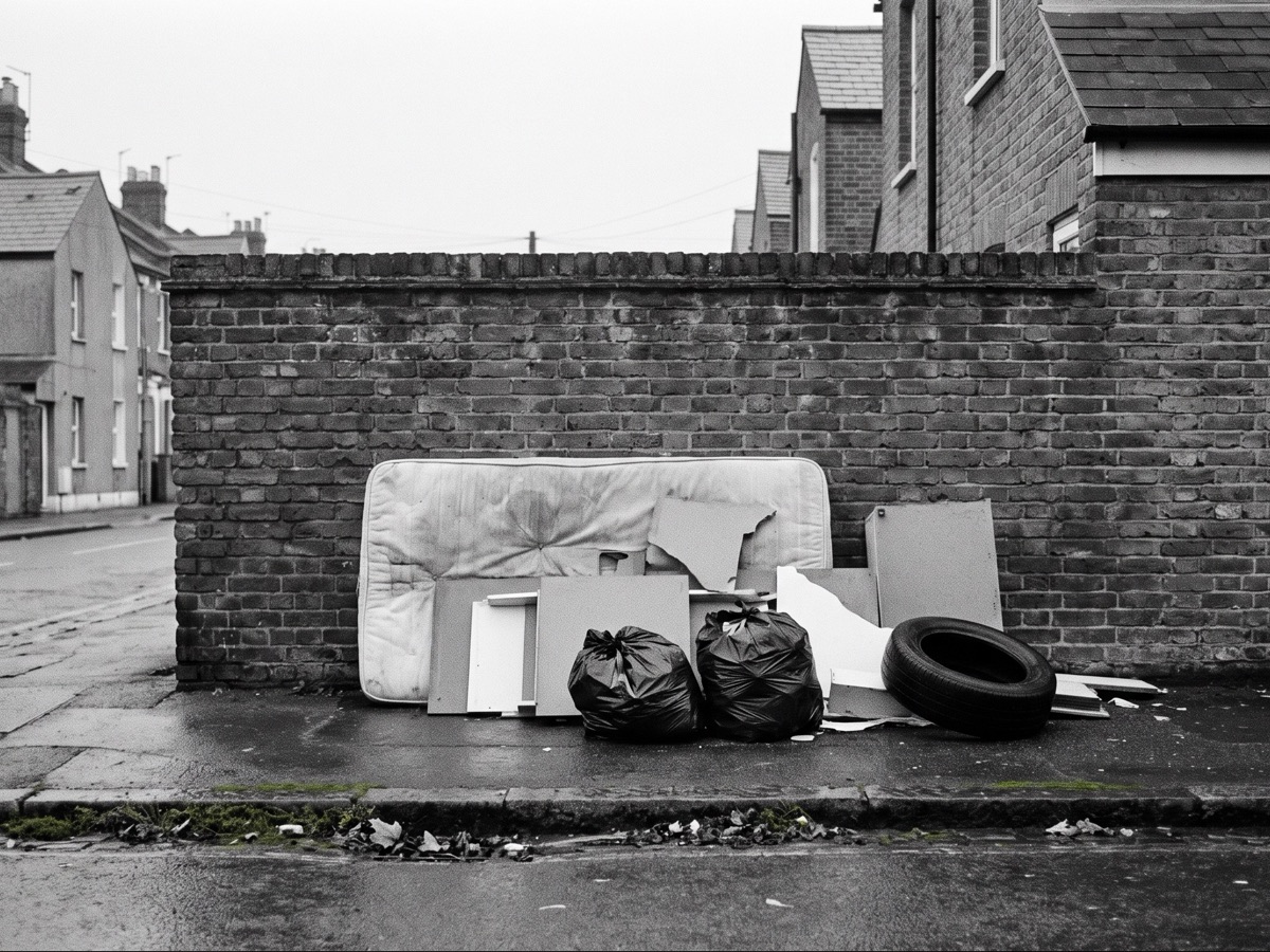 Fly-tipped waste against a brick wall on a residential street.