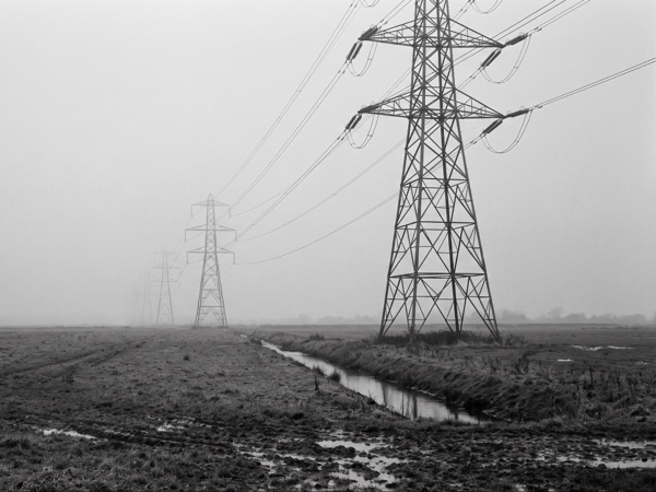 Electricity pylons receding into fog across flat waterlogged farmland